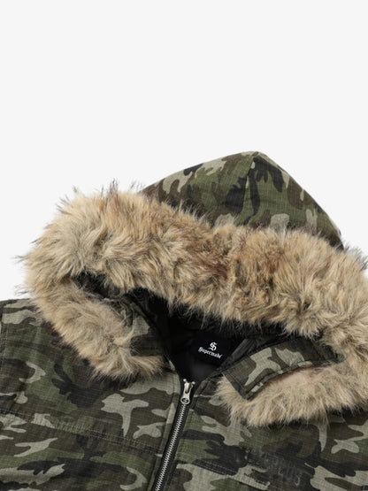 Detachable Fur Collar Forest Camo Padded Jacket 