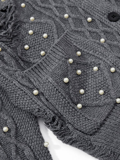 Retro Beaded Crochet Distressed Knit Cardigan 