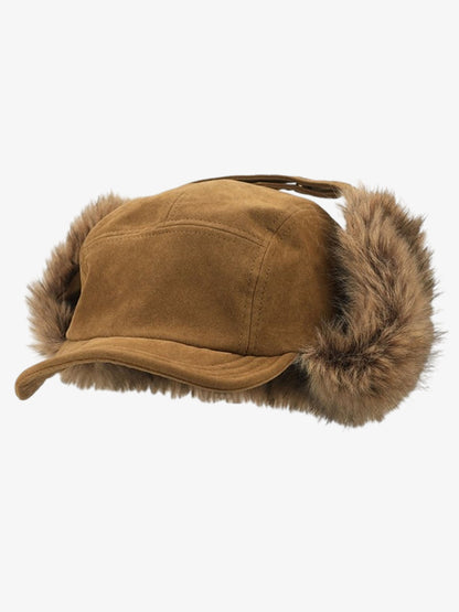 Faux Fur Lined Brown Suede Winter Hat with Ear Flaps?