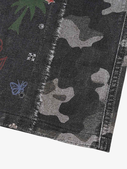 Thesupermade Graffiti Print Cold Transfer Camouflage Layered Cargo Jeans 