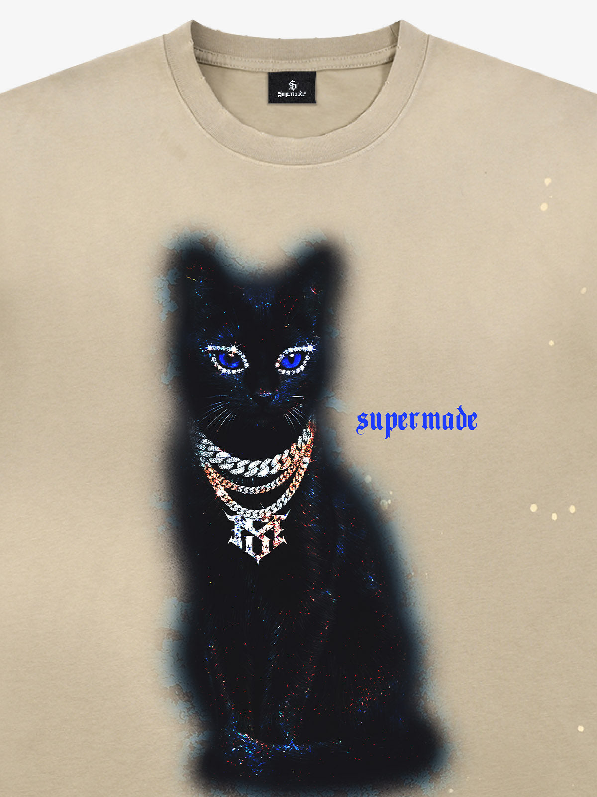 Cotton Black Cat Graphic T-Shirt with Chain Print and Splatter Design?