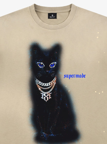 Cotton Black Cat Graphic T-Shirt with Chain Print and Splatter Design?
