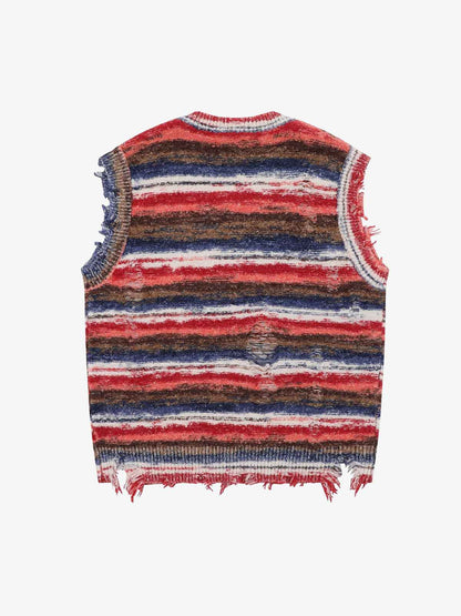 Frayed Edge Striped V Neck Knit Vest