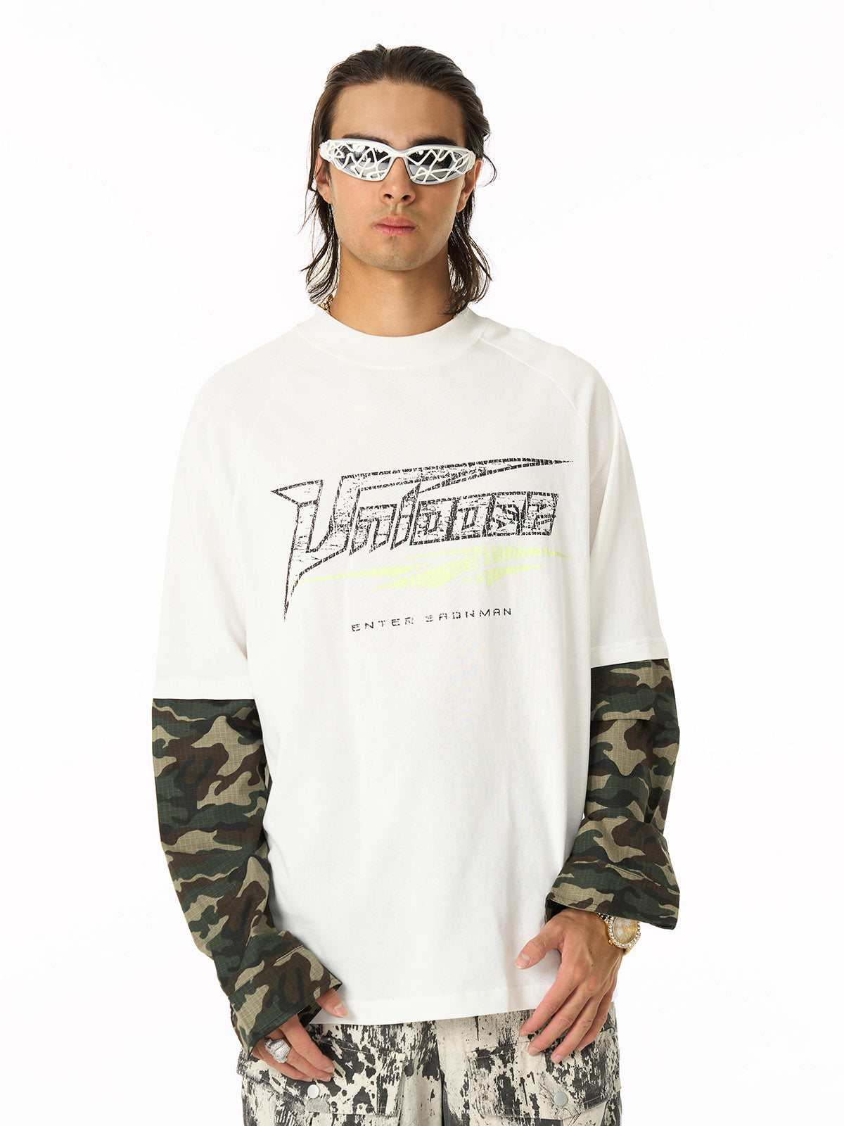 Camo Sleeve Graphic Tee with Printed Jogger Pants Set 