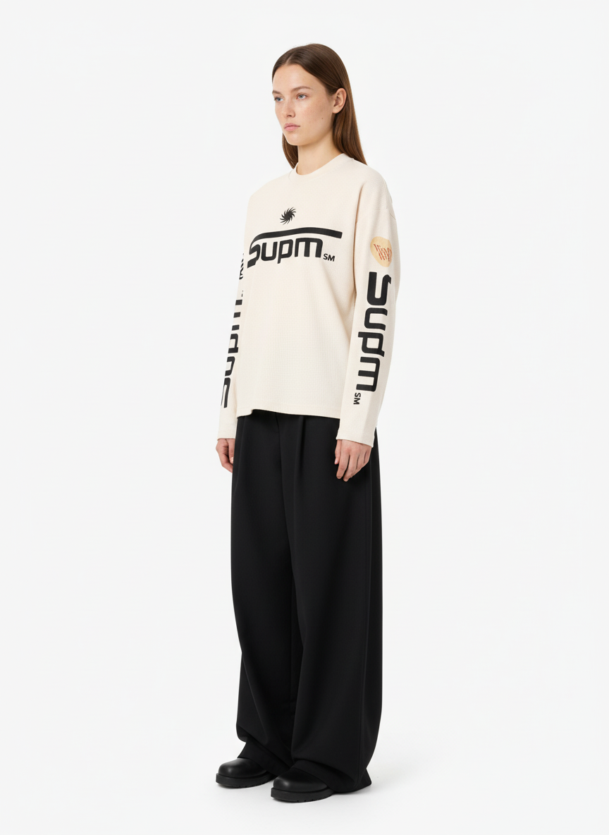 Textured Waffle SUPM Letter Graphic Long Sleeve T-Shirt