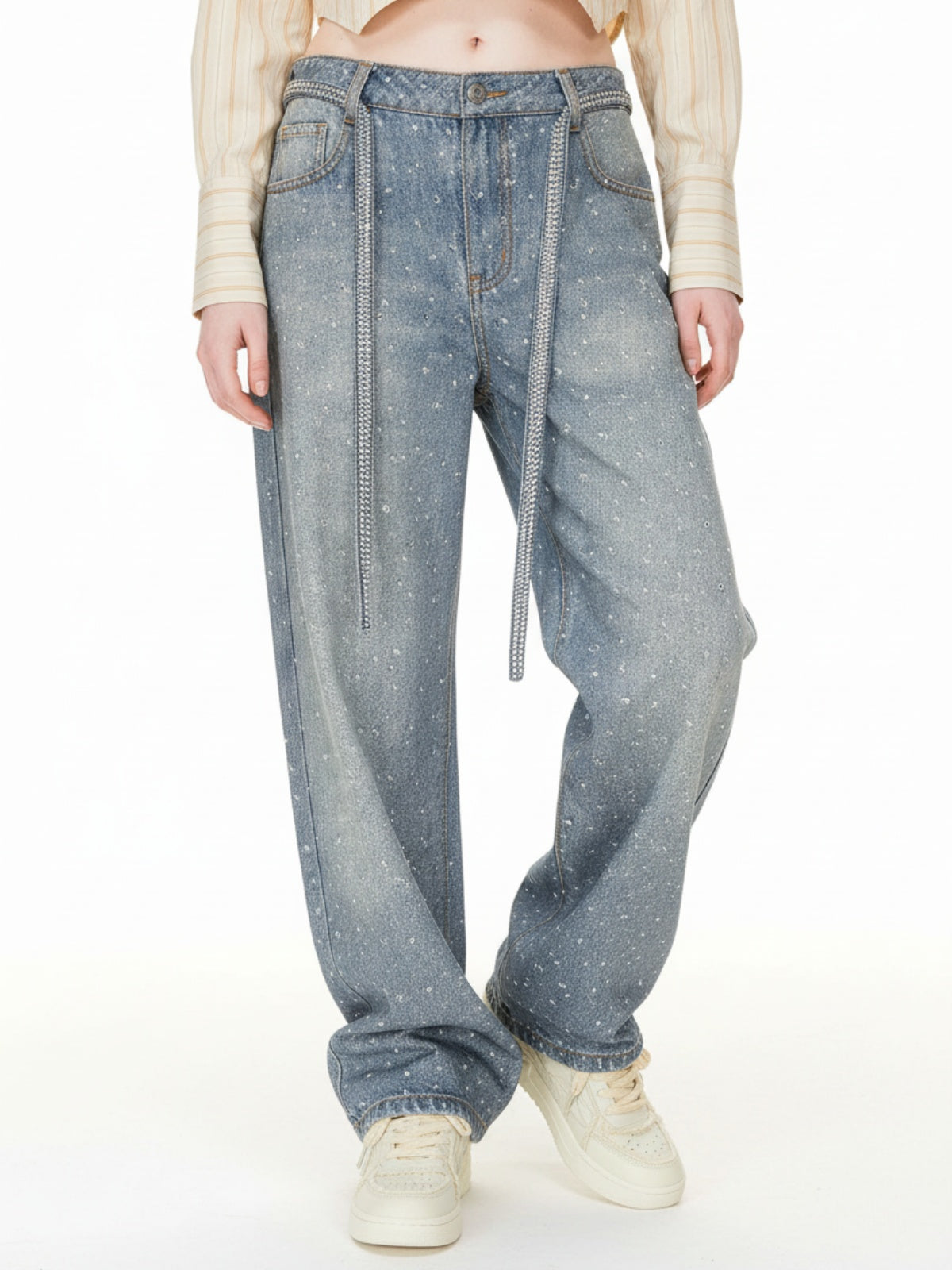 Denim Distressed Belt Diamond Decorated Jeans