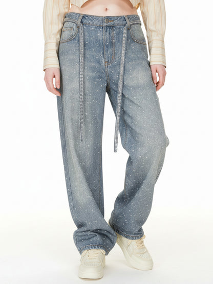 Denim Distressed Belt Diamond Decorated Jeans