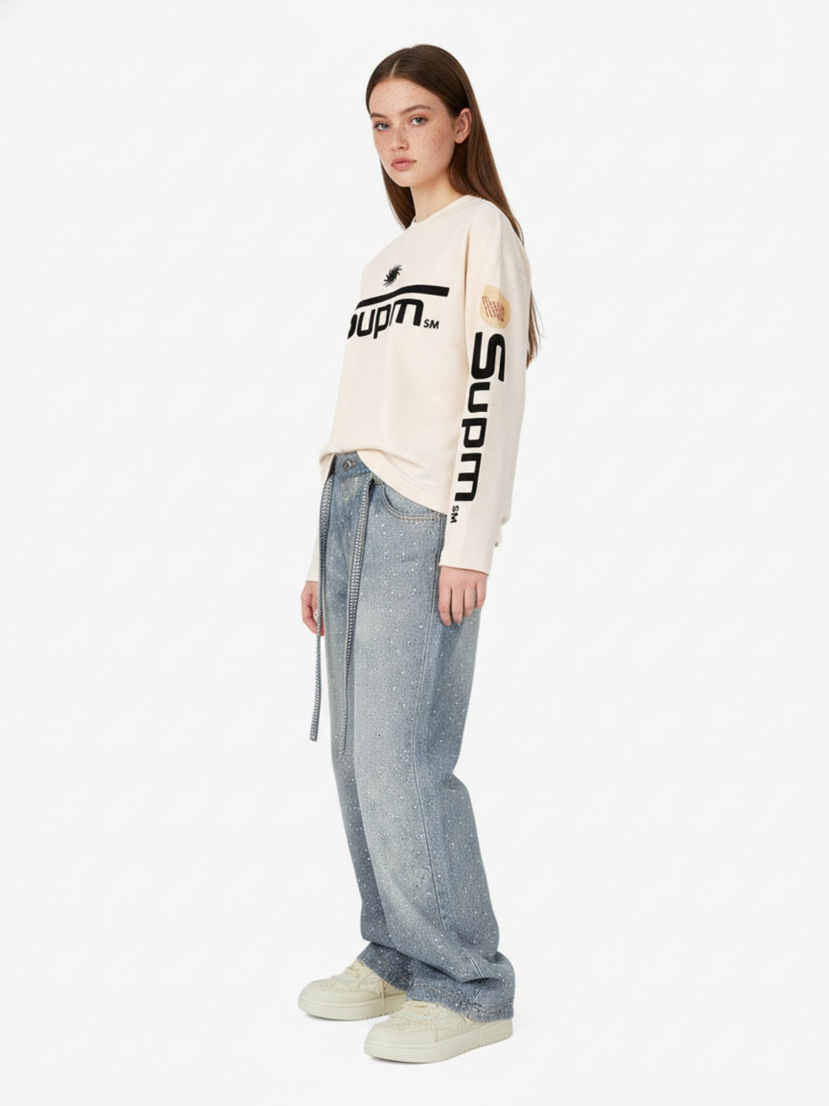 Textured Waffle SUPM Letter Graphic Long Sleeve T-Shirt