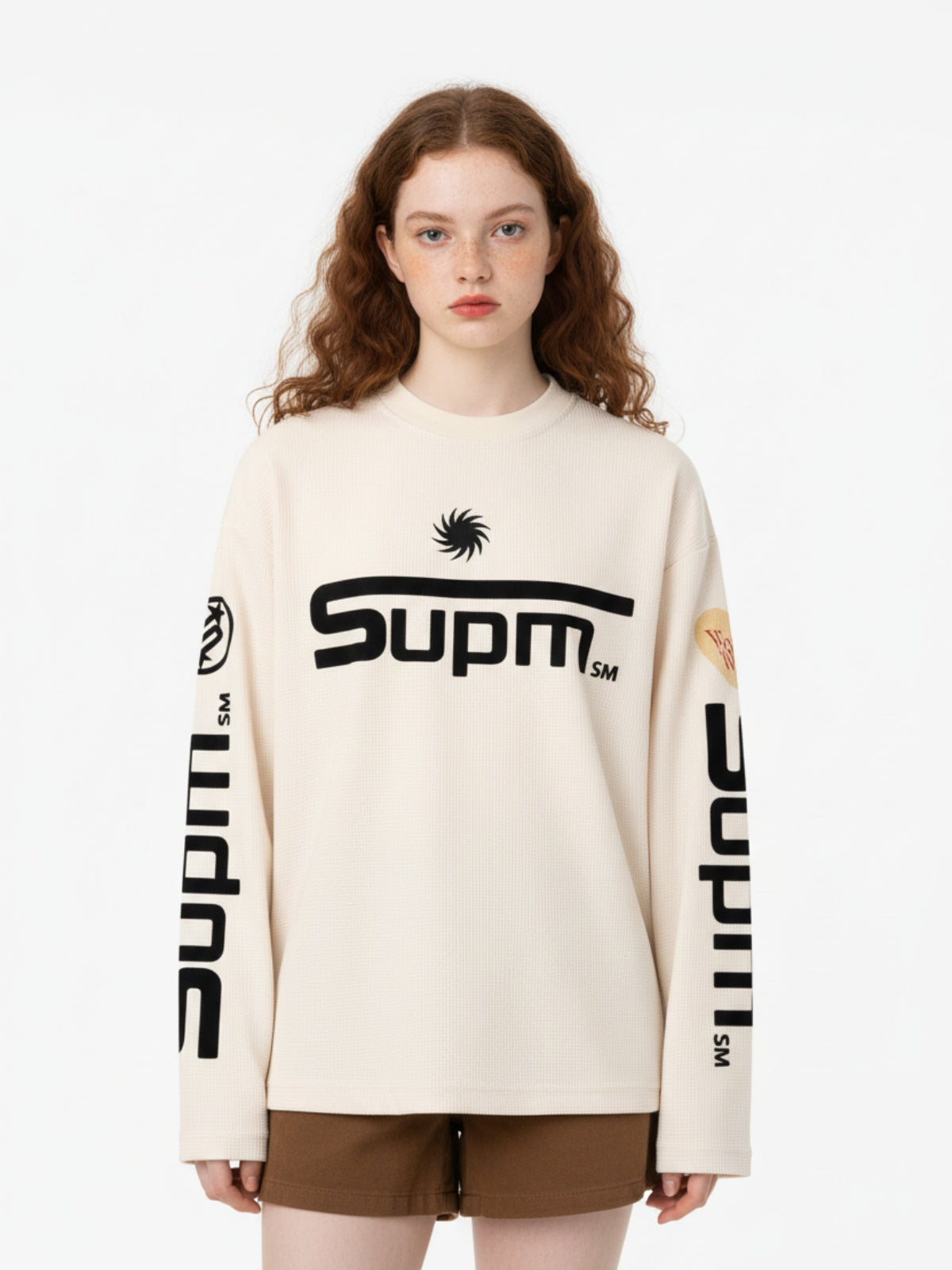 Textured Waffle SUPM Letter Graphic Long Sleeve T-Shirt