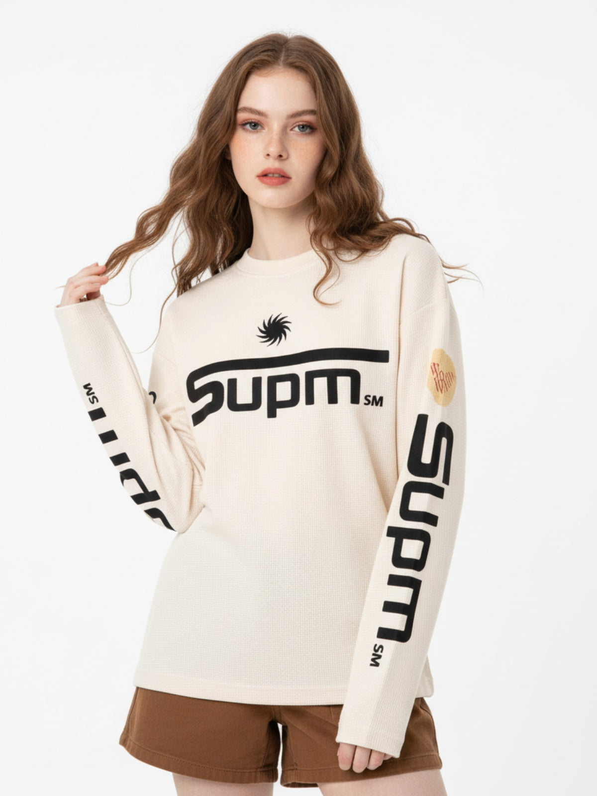 Textured Waffle SUPM Letter Graphic Long Sleeve T-Shirt