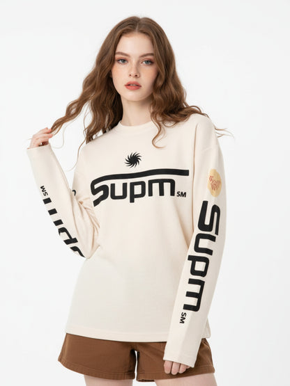 Textured Waffle SUPM Letter Graphic Long Sleeve T-Shirt