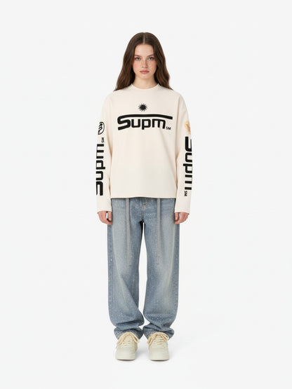 Textured Waffle SUPM Letter Graphic Long Sleeve T-Shirt
