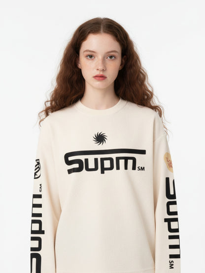 Textured Waffle SUPM Letter Graphic Long Sleeve T-Shirt
