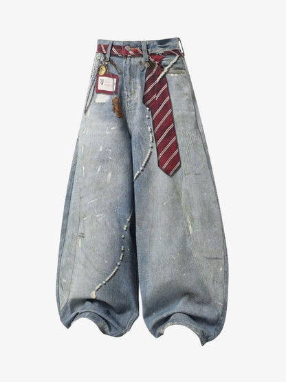 Denim Wide Leg Baggy Jeans with Tie and Pearl Chain Detail for Women Fashion Streetwear 