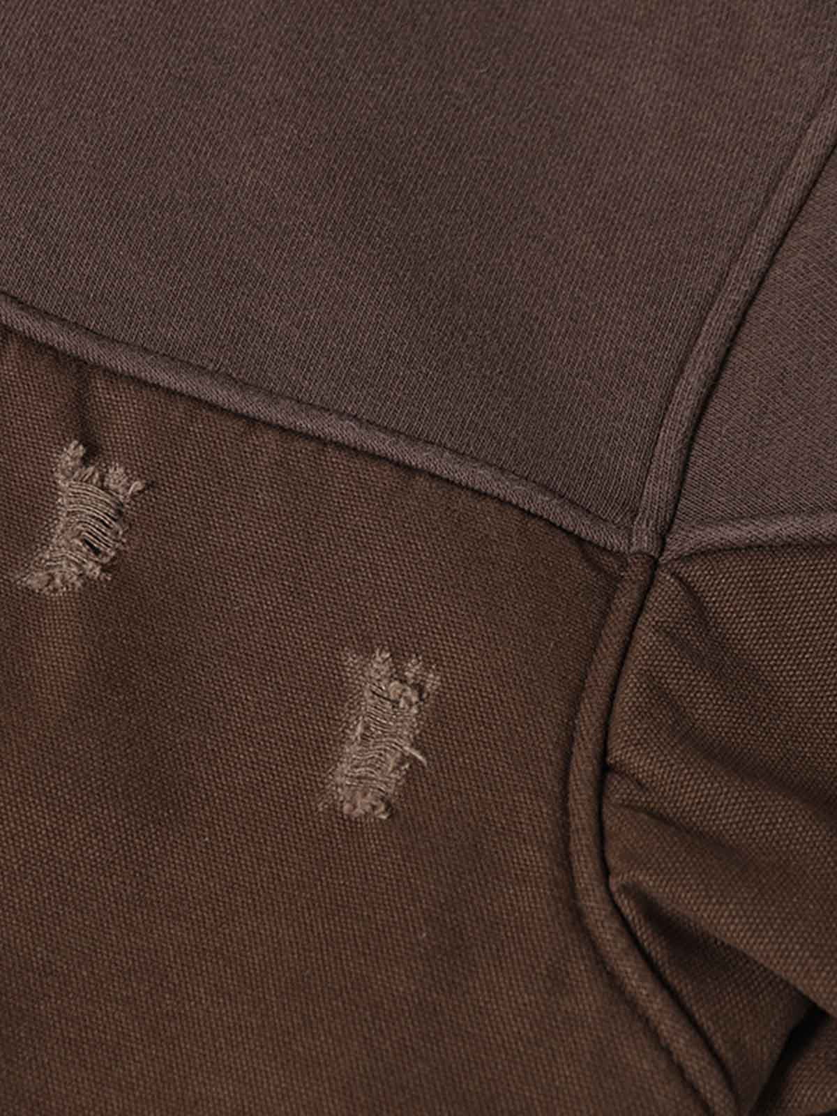 Distressed Patchwork Raw-Edge Layered-Hem Fleece Hoodie 