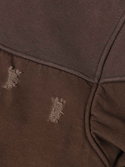 Distressed Patchwork Raw-Edge Layered-Hem Fleece Hoodie 
