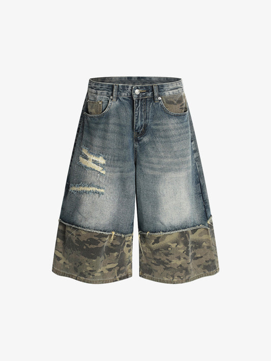 Camouflage Hem Patchwork Denim Shorts 