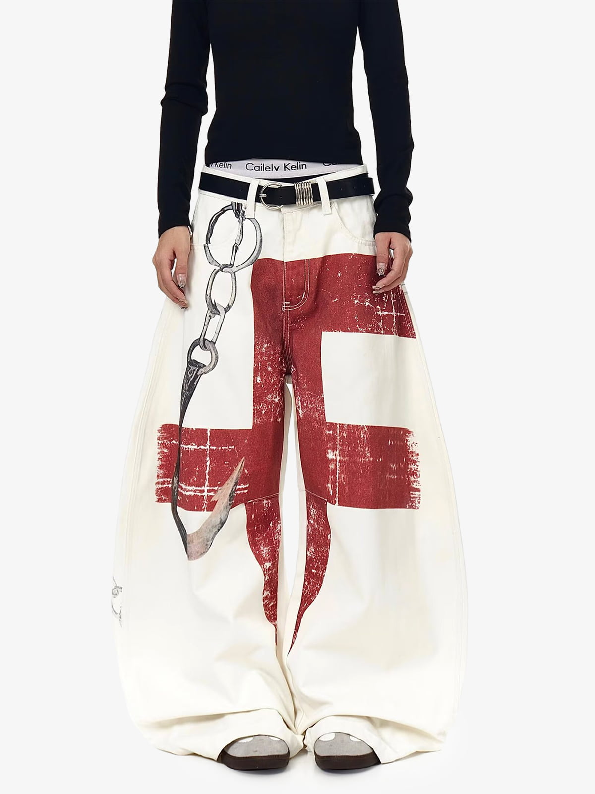 Supermade Retro Distressed Print Heavyweight Canvas Baggy Pants 