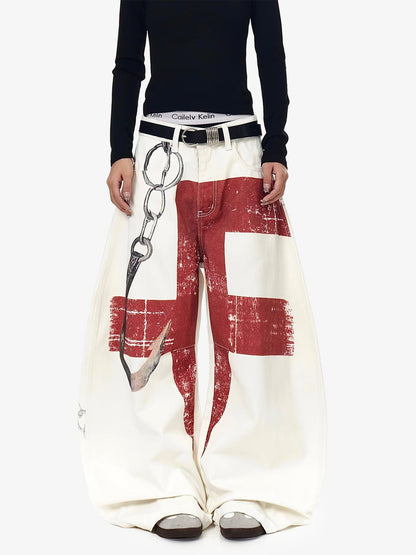 Supermade Retro Distressed Print Heavyweight Canvas Baggy Pants 