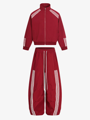 Cotton-Blend Track Suit Set with White Stripes - Oversized Zip-Up Jacket and Wide-Leg Pants?
