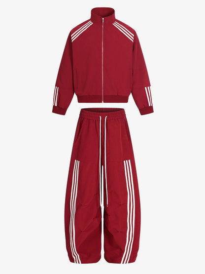Cotton-Blend Track Suit Set with White Stripes - Oversized Zip-Up Jacket and Wide-Leg Pants?