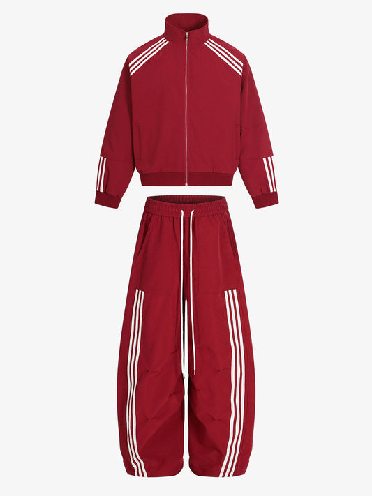 Cotton-Blend Track Suit Set with White Stripes - Oversized Zip-Up Jacket and Wide-Leg Pants?