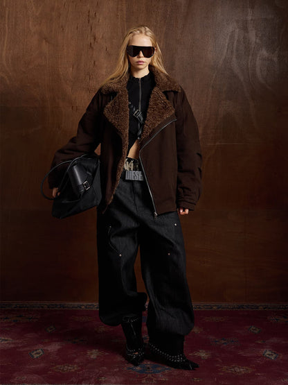 Thesupermade Oblique Zipper Design Lambswool Collar Quilted Jacket 