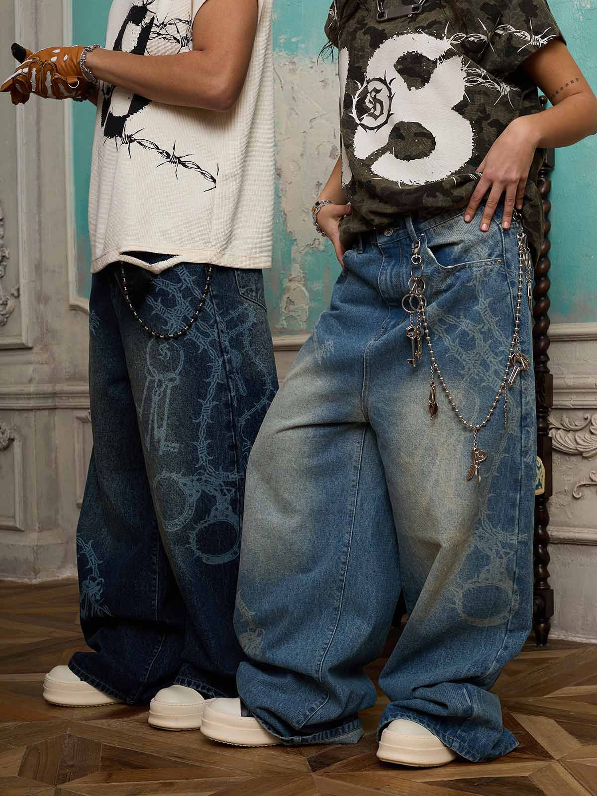 Supermade Thorn and Key Pattern Laser-Burnout Retro Baggy Jeans 