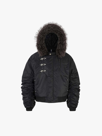 Detachable Faux Fur Collar Ruched Sleeve Bomber Jacket 