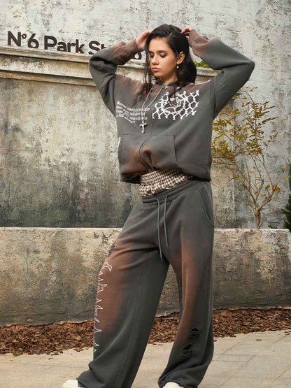 Supermade Vintage Distressed Print Patchwork Sweatshirt Set 