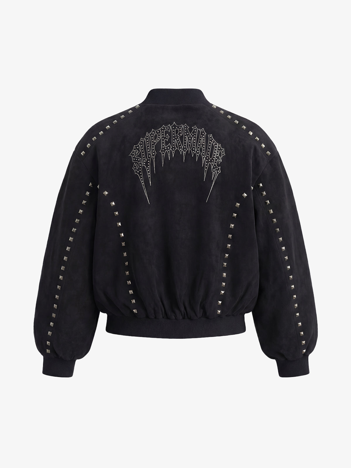 Suede Punk-Style Double-sided zipper Bomber Jacket with Studs Embroidery and Printing Techniques?