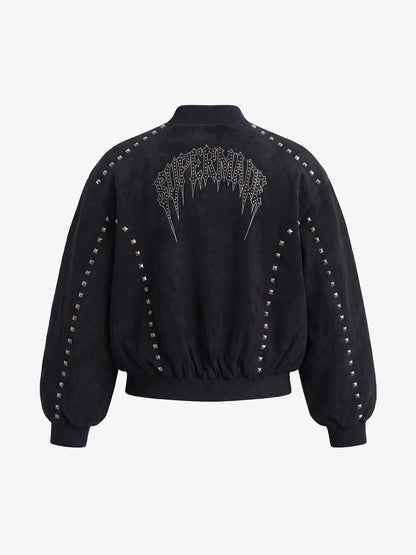 Suede Punk-Style Double-sided zipper Bomber Jacket with Studs Embroidery and Printing Techniques?