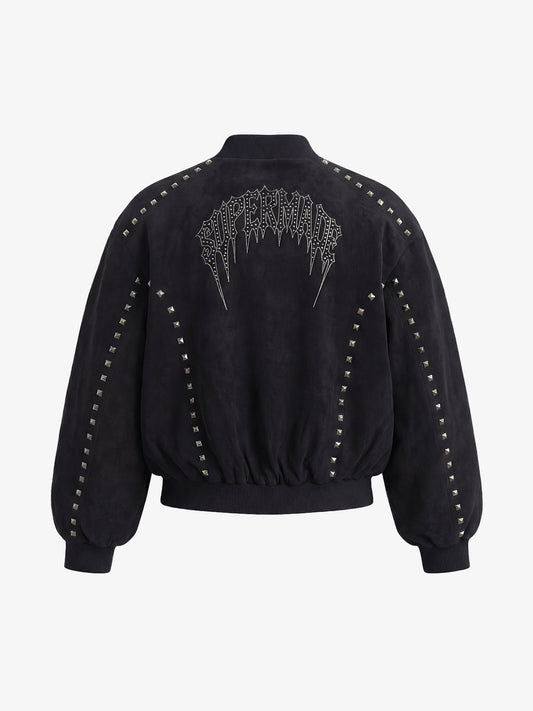 Suede Punk-Style Double-sided zipper Bomber Jacket with Studs Embroidery and Printing Techniques?