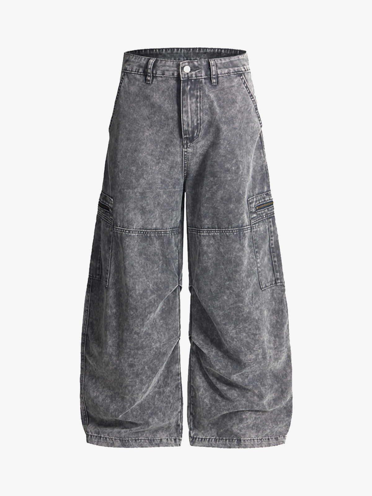 Vintage Acid-Washed Multi-Pocket Wide-Leg Cargo Barrel Jeans