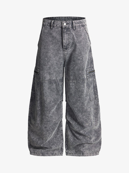 Vintage Acid-Washed Multi-Pocket Wide-Leg Cargo Barrel Jeans