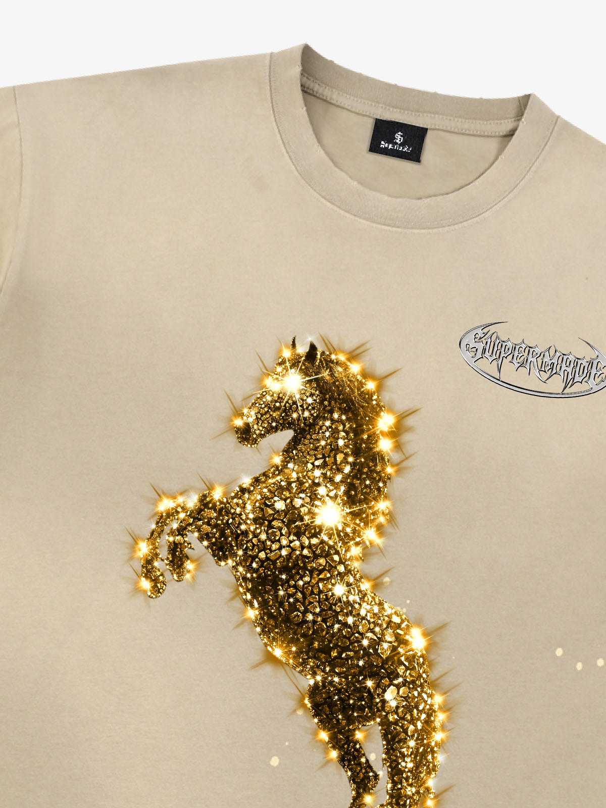 Unisex Washed Ink Blending Dual Color Cotton Horse Year Embroidered Diamond Horse Element Pattern Short-Sleeve T-Shirt?