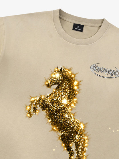 Unisex Washed Ink Blending Dual Color Cotton Horse Year Embroidered Diamond Horse Element Pattern Short-Sleeve T-Shirt?