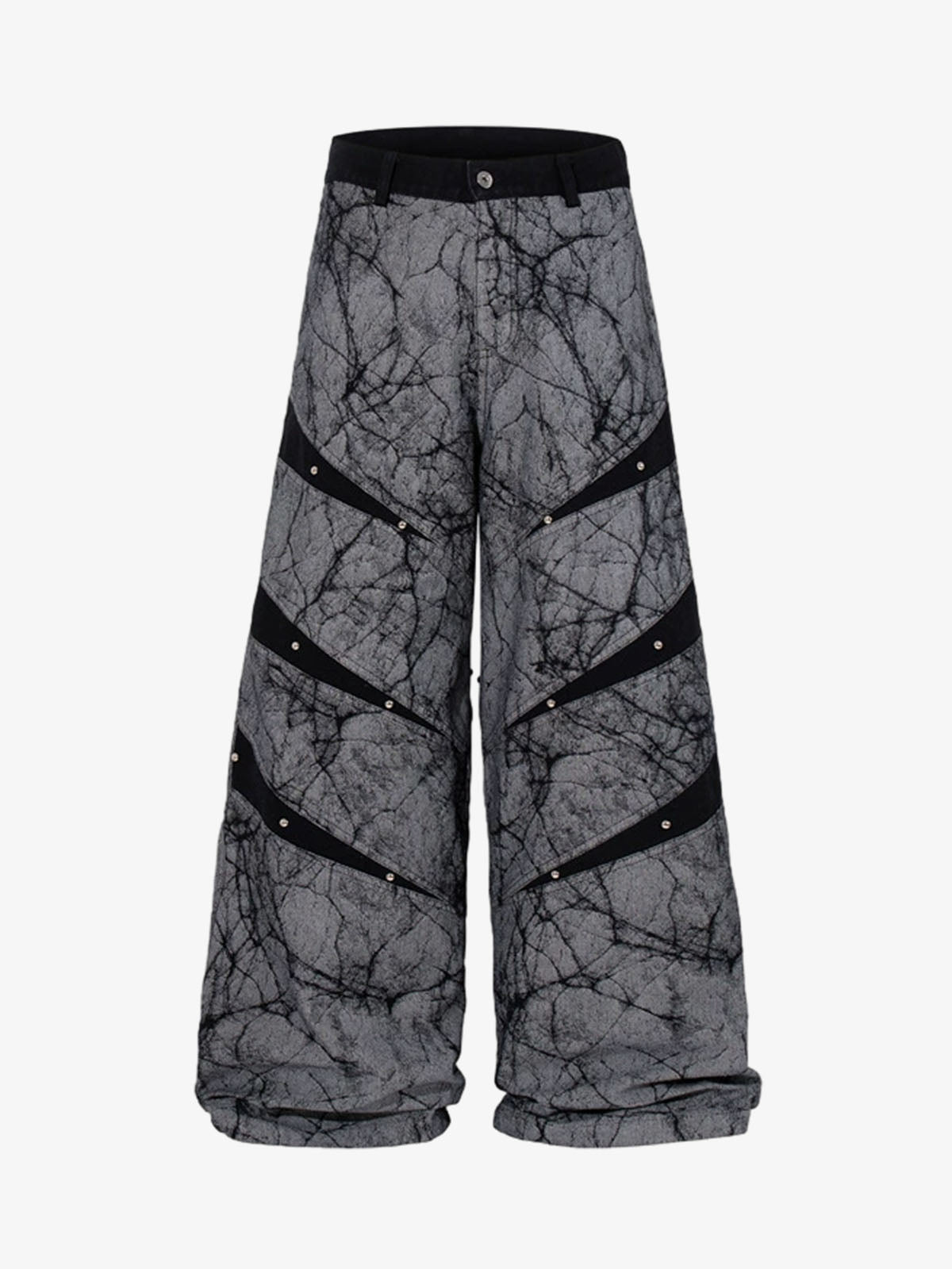 Cotton Blend Wide Leg Pants with Cracked Print and Black Panel Details?