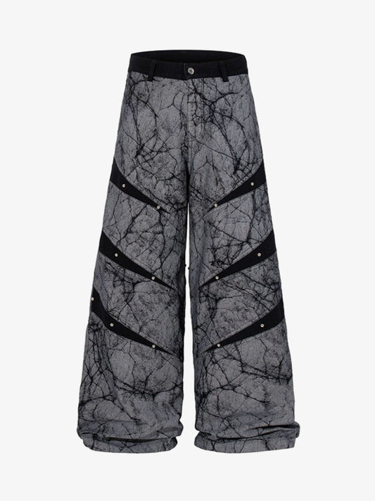 Cotton Blend Wide Leg Pants with Cracked Print and Black Panel Details?