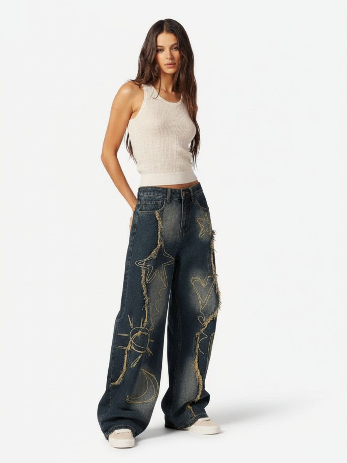 Vintage Embroidered Washed Raw-Edge Graffiti Scimitar Jeans