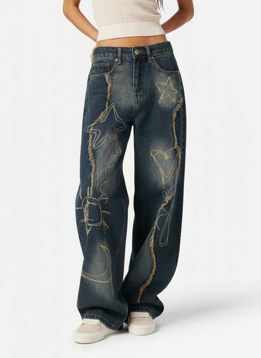 Vintage Embroidered Washed Raw-Edge Graffiti Scimitar Jeans