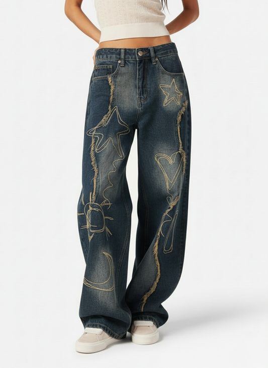 Vintage Embroidered Washed Raw-Edge Graffiti Scimitar Jeans