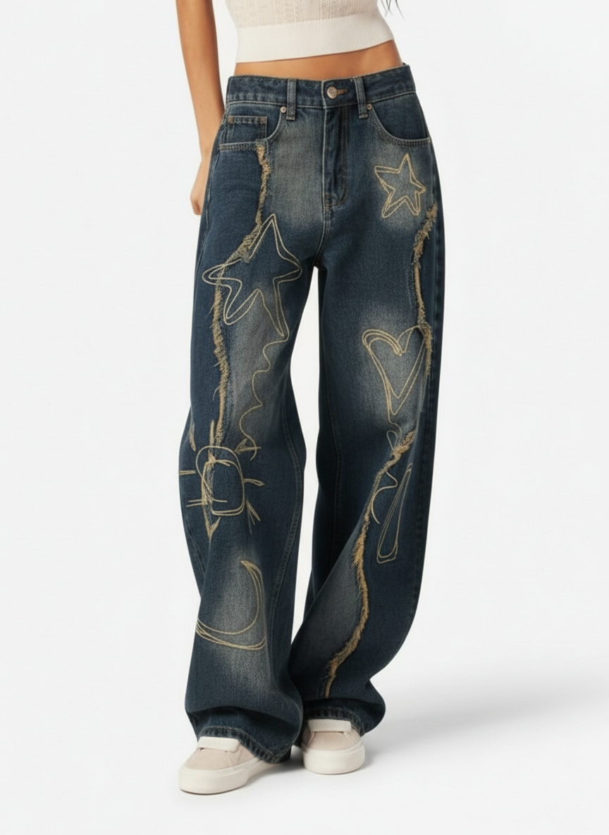 Vintage Embroidered Washed Raw-Edge Graffiti Scimitar Jeans