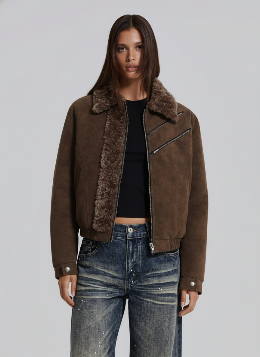 Retro Suede Texture Shearling Collar Fleece Bomber Jacket
