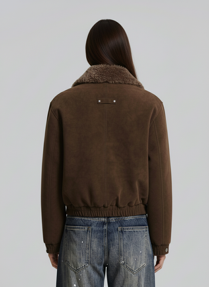 Retro Suede Texture Shearling Collar Fleece Bomber Jacket