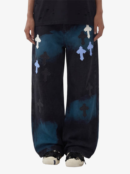 Smoke Fade Wash Cross Patch Baggy Denim Jeans