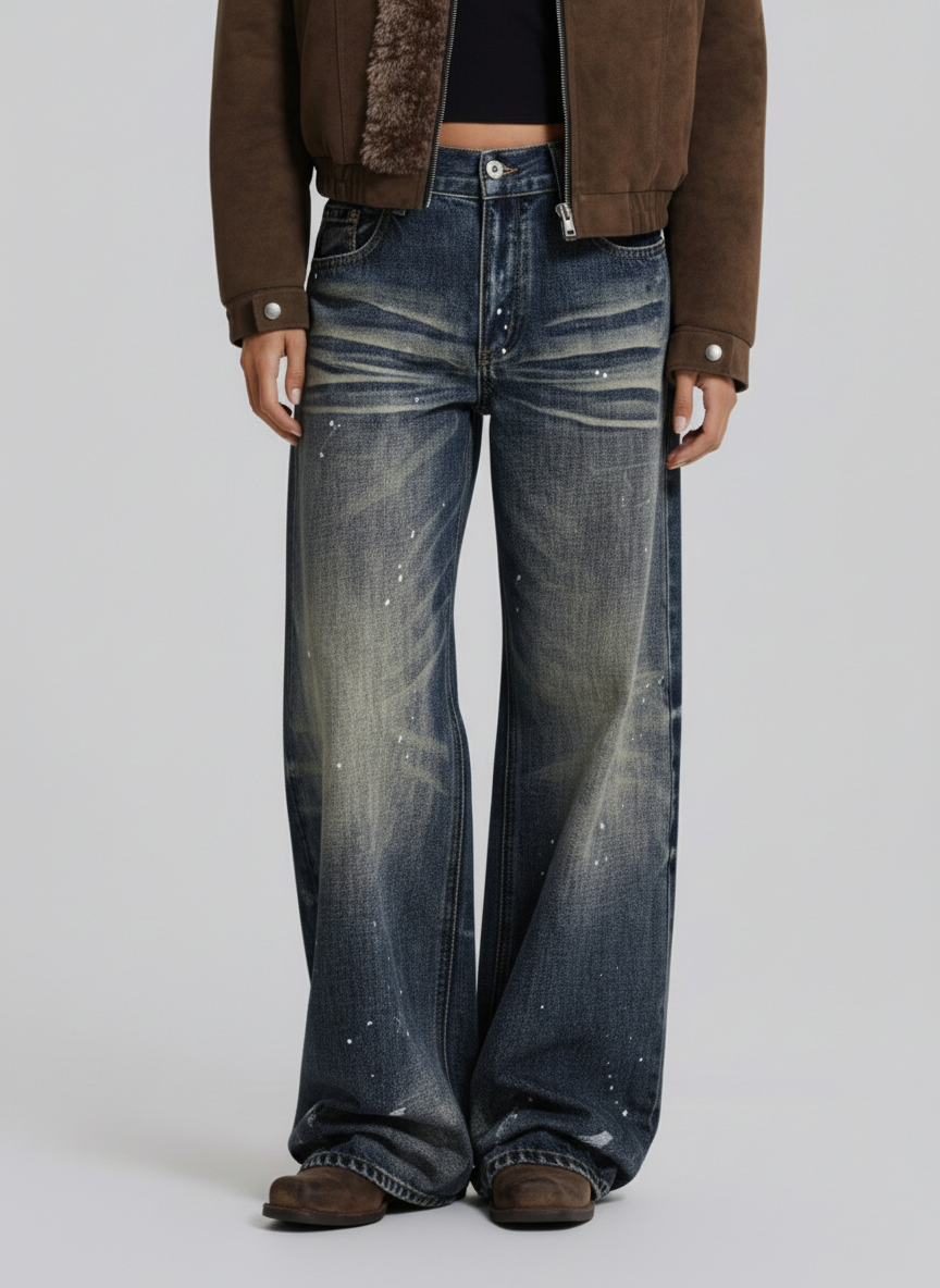 Washed Paint-Splatter Pleated Barrel Jeans
