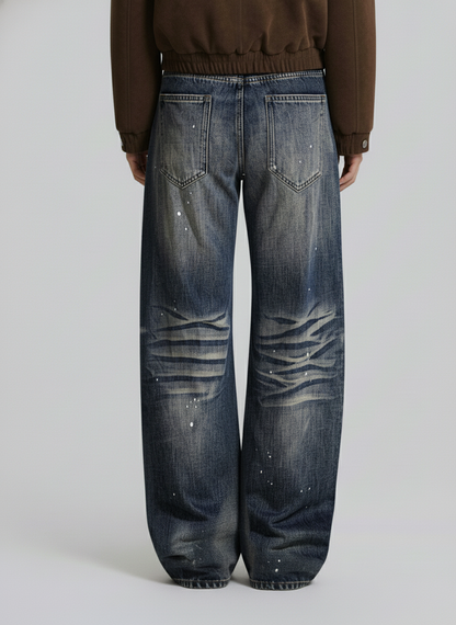 Washed Paint-Splatter Pleated Barrel Jeans