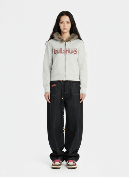 Thesupermade American Retro Gradient Letter Print Splicing Cardigan Fur Collar Coat