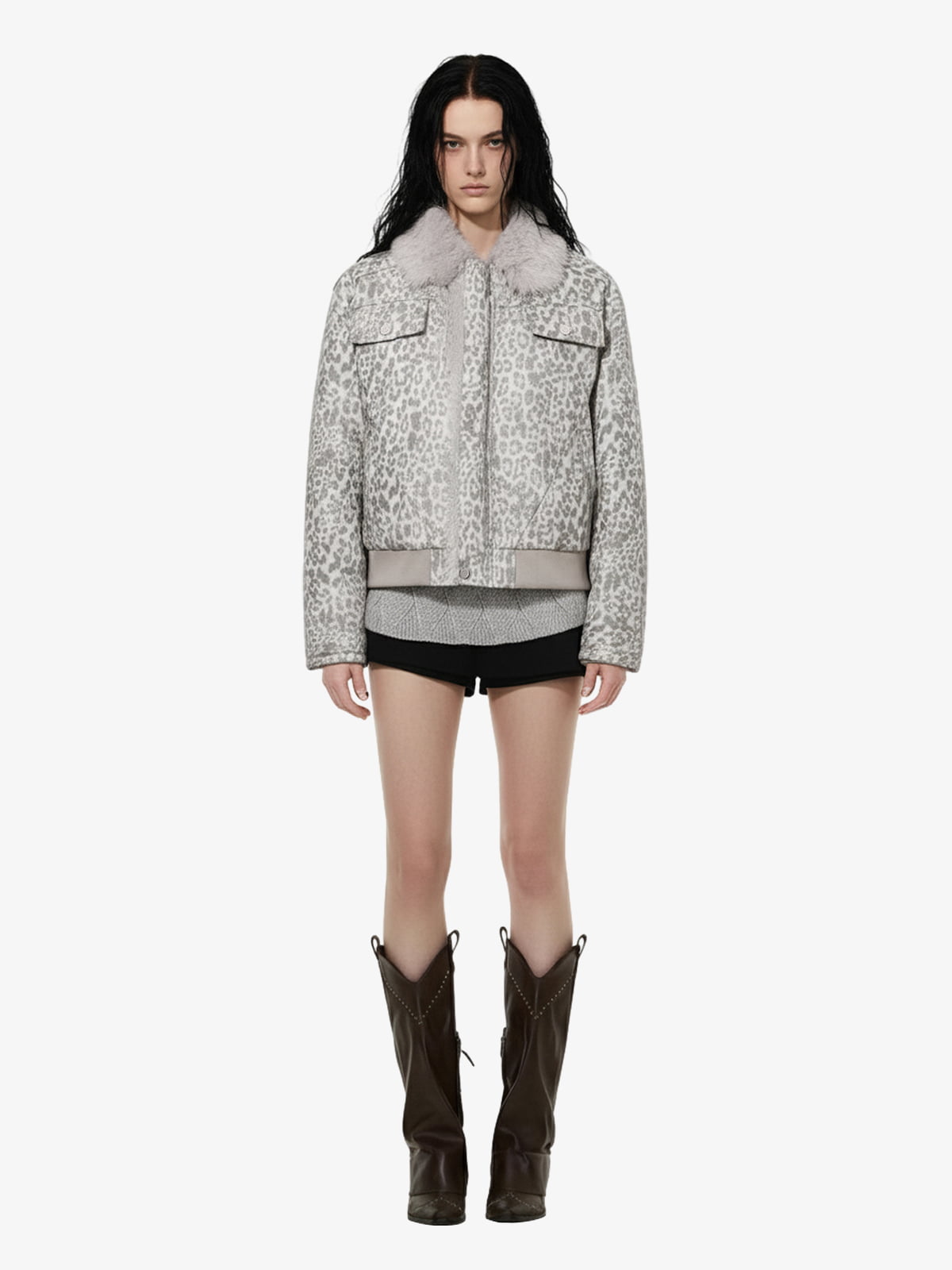 Vintage Leopard Fleece Faux Fur Collar Panel Trim Padded Jacket